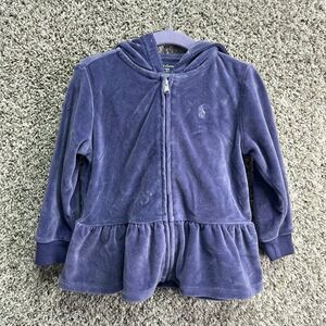Ralph Lauren Jacket Girls 24M Purple Velour Hooded Full Zip Up Peplum Ruffled He